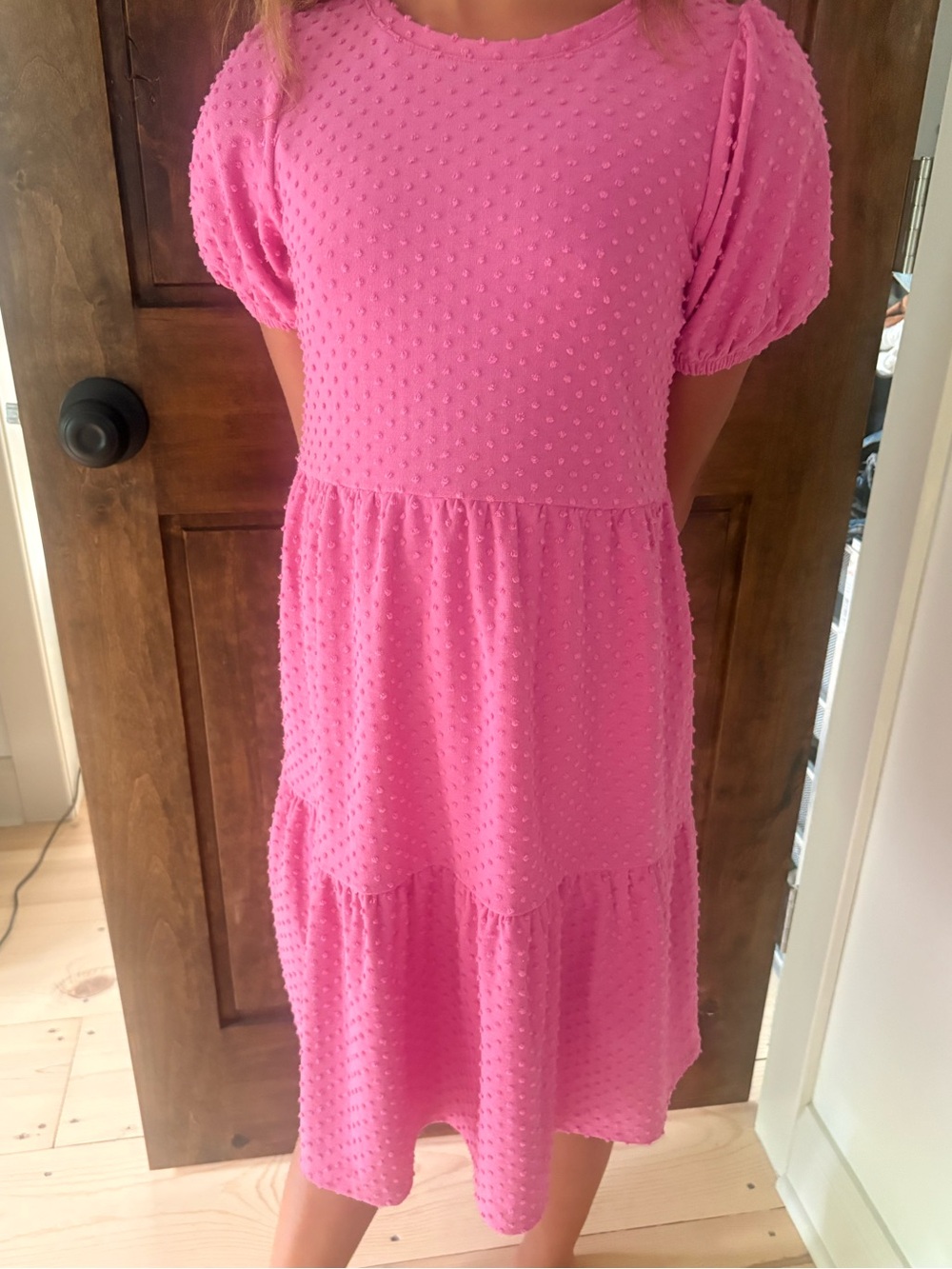 Crewcuts Hot Pink Swiss Dot Tiered Puff-Sleeve Dress